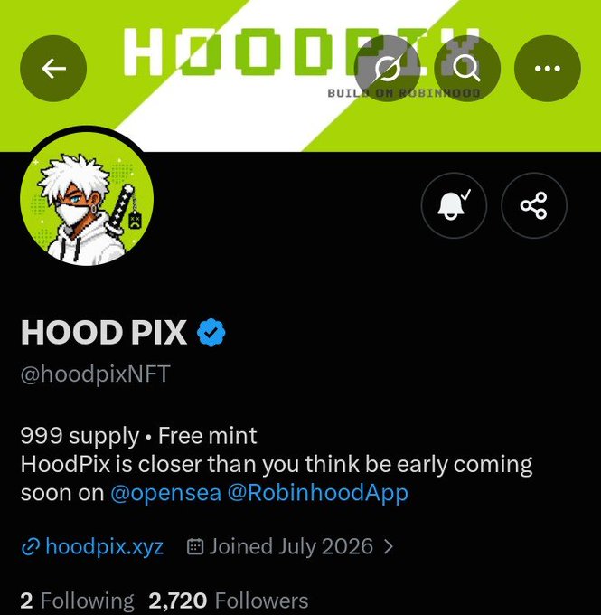 A Twitter profile page for the verified @hoodpixNFT account ("HOOD PIX"), built on Robinhood, featuring a pixel-art ninja PFP and showing a 999 supply free mint launch coming to OpenSea and RobinhoodApp. The image aligns with the post's details, confirming the 999 unique supply, free mint, pixel art direction, and upcoming availability on @opensea and @RobinhoodApp.