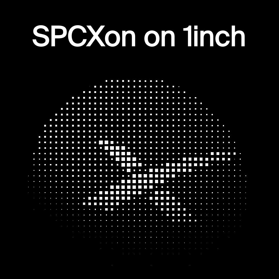 The image features a black background with white text that reads "SPCXon on 1 inch". Below this, there's an illustration of a bird facing left. The text also mentions that the largest IPO in history has been achieved by SPCXon, and they are now available for trading through their 1-inch swap platform. Additionally, it highlights that the tokenization of the largest IPO ever occurred on the same day as the listing, making it a trillion dollar deal.