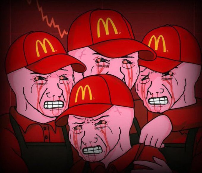Four crying Wojaks wearing McDonald's caps appear devastated, mirroring the post's exasperated frustration toward bagholders of $WOJAK who have endured a prolonged Wyckoff reaccumulation and are pleading for a return to mainnet and a major price breakout.
