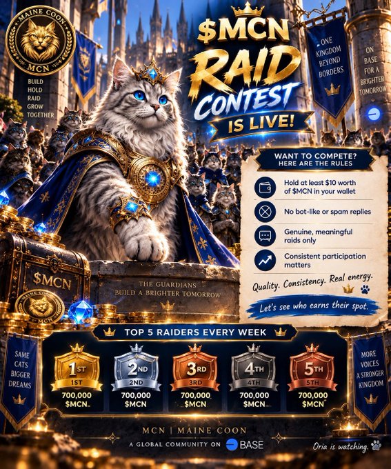An '$MCN RAID CONTEST' graphic featuring a regal cat wearing a crown and royal attire, announcing weekly prizes of 700,000 $MCN for the top 5 raiders under the 'Maine Coon' brand on the Base platform.