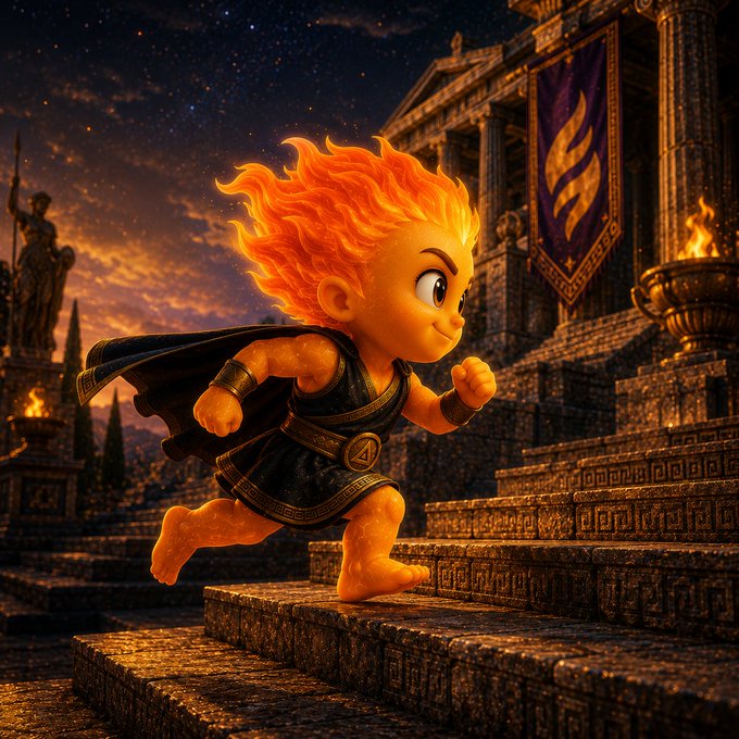A 3D-rendered cartoon character with fiery orange hair running up ancient stone steps toward a classical temple under a starry night sky.