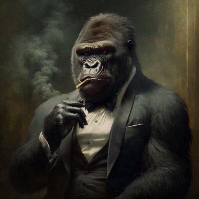 The image features a gorilla wearing a suit, smoking a cigarette while seated at a table. The gorilla appears to be dressed for a formal event or occasion, as indicated by its attire. The background of the image is dark, which contrasts with the lighter elements in the foreground and emphasizes the gorilla's presence. The caption provided seems unrelated to the main subject matter but could possibly be an attempt to create a humorous or unexpected connection between the image and the post it appears to be related to.