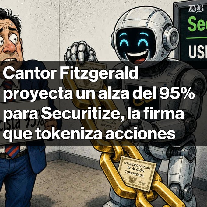 An AI-generated cartoon illustration of a shocked man looking at a robot holding a golden chain, with Spanish text reading: 'Cantor Fitzgerald proyecta un alza del 95% para Securitize, la firma que tokeniza acciones.'
