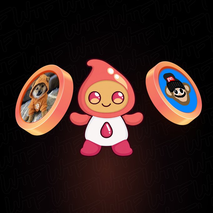 A pink cartoon mascot character with a drop-shaped head standing between two floating circular frames displaying photos of a Shiba Inu in a yellow hoodie and a bear in a beanie, set against a dark background with "WF" watermarks