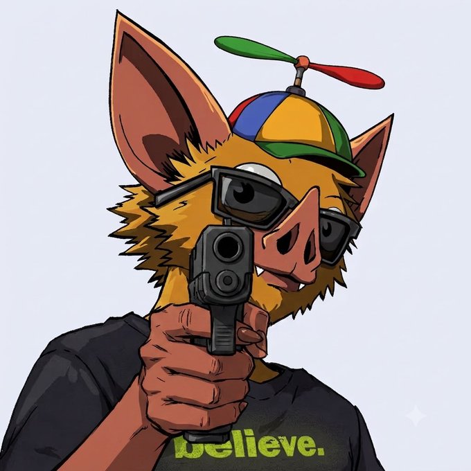 A cartoon illustration of an orange, anthropomorphic creature wearing sunglasses and a propeller hat, pointing a gun forward while wearing a shirt with the text 'believe.'