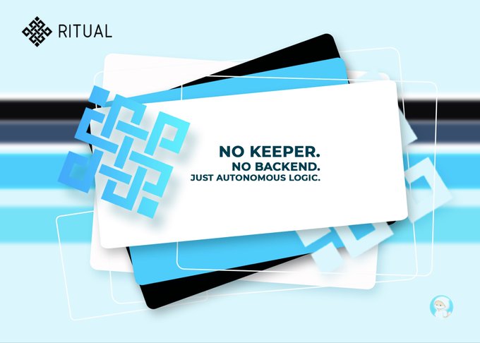 A blue and white promotional graphic for "RITUAL" featuring overlapping cards and the text "NO KEEPER. NO BACKEND. JUST AUTONOMOUS LOGIC."