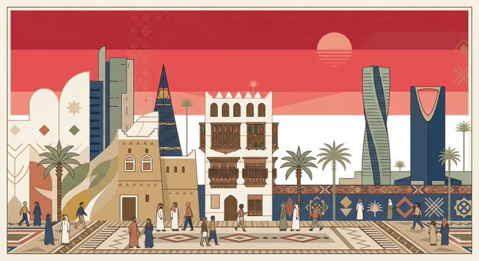 A stylized illustration showcasing Saudi Arabian architecture and culture, featuring traditional buildings with wooden mashrabiya balconies, modern skyscrapers, date palm trees, and people in traditional thobes and abayas, all set against a vibrant red sunset sky and decorated with geometric patterns reminiscent of Saudi heritage.