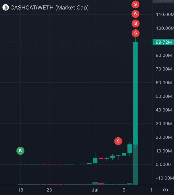 A financial chart for CASHCAT/WETH showing market cap with a dramatic spike to 89.72M and multiple red 'S' sell markers along the rise.