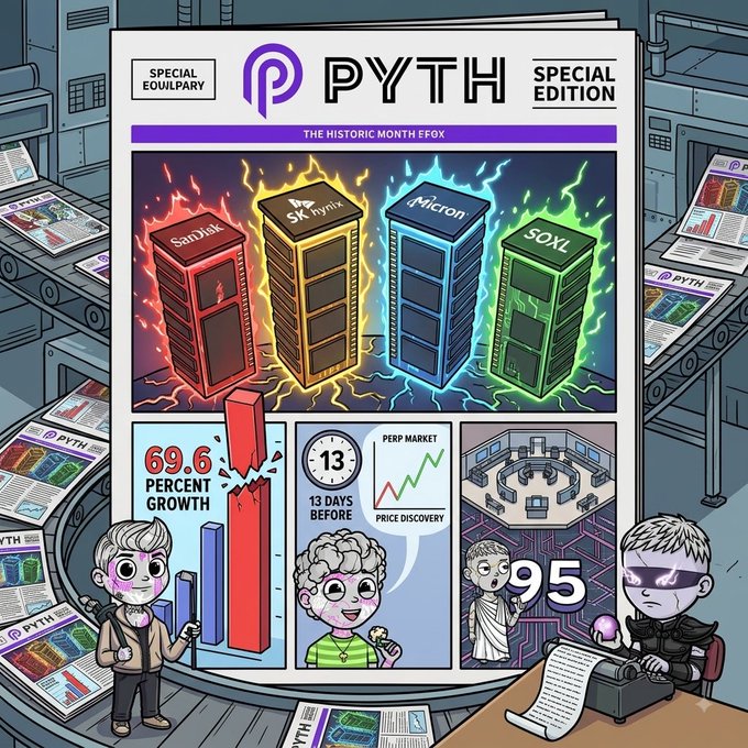 A 'PYTH' Special Edition newspaper cover titled 'THE HISTORIC MONTH FFOX', featuring illustrations of crypto enthusiasts, 69.6 percent growth, 13 days before price discovery, and major chip manufacturers including SanDisk, SK hynix, Micron, and SOXL.