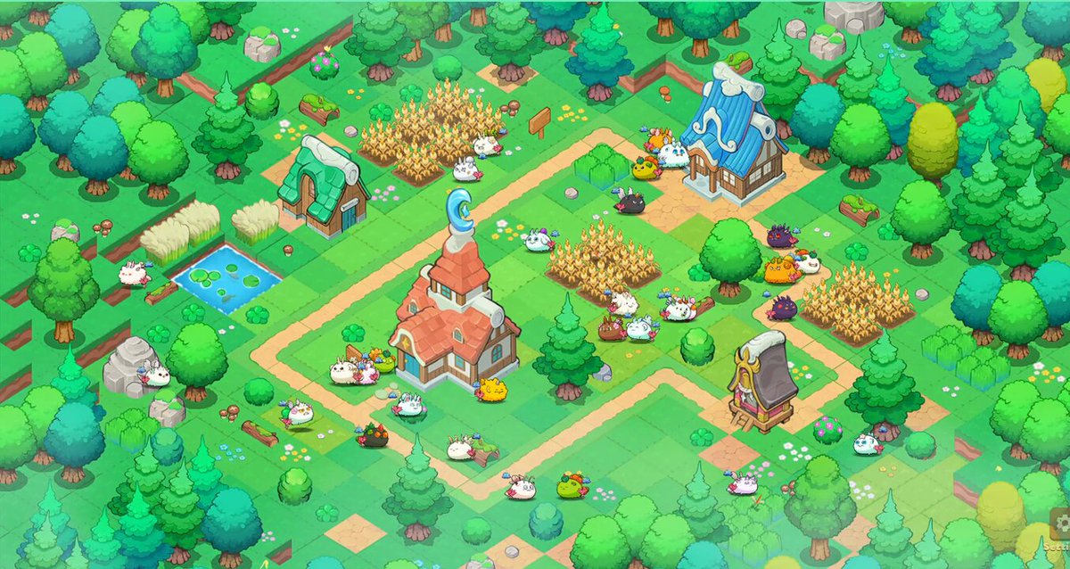 The image features an illustration of a village with various buildings, including houses and a church. The village appears to be situated within a lush green forest, creating a serene atmosphere. There are numerous small figures scattered throughout the scene, possibly representing people or animals that inhabit the village. The overall layout and design of the village seem to be well-planned and visually appealing.