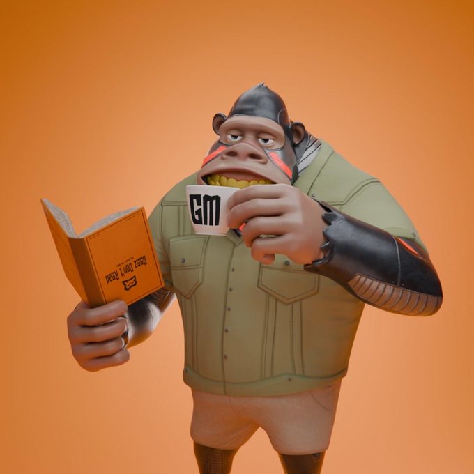 A 3D-rendered cyborg monkey in a green shirt and spiked gauntlets holds a mug labeled "GM" alongside a book, visually playing on the phrase "Gee M."