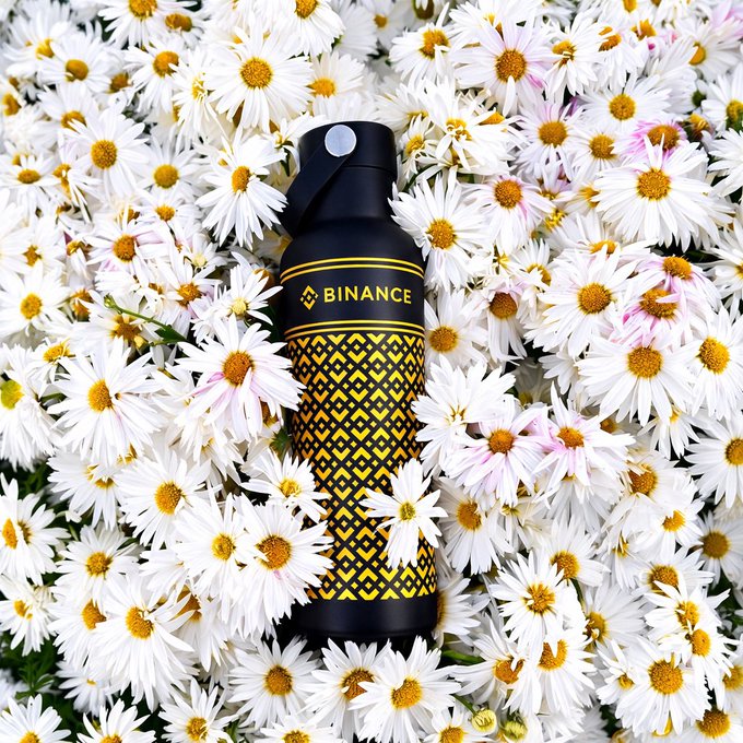 A black and yellow Binance-branded stainless steel water bottle displayed on a bed of white daisies.
