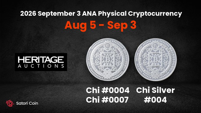 The image is a promotional graphic for a Heritage Auctions event titled "2026 September 3 ANA Physical Cryptocurrency" running from "Aug 5 - Sep 3," featuring two ornate silver coins from the Satori Coin Chi series—specifically Chi #0004, Chi #0007, and Chi Silver #004—displayed against a dark background with the Satori Coin logo. The graphic directly supports the post by showcasing the rare, low-serial-number Chi series collectibles being auctioned to benefit charity before the September 3 deadline.