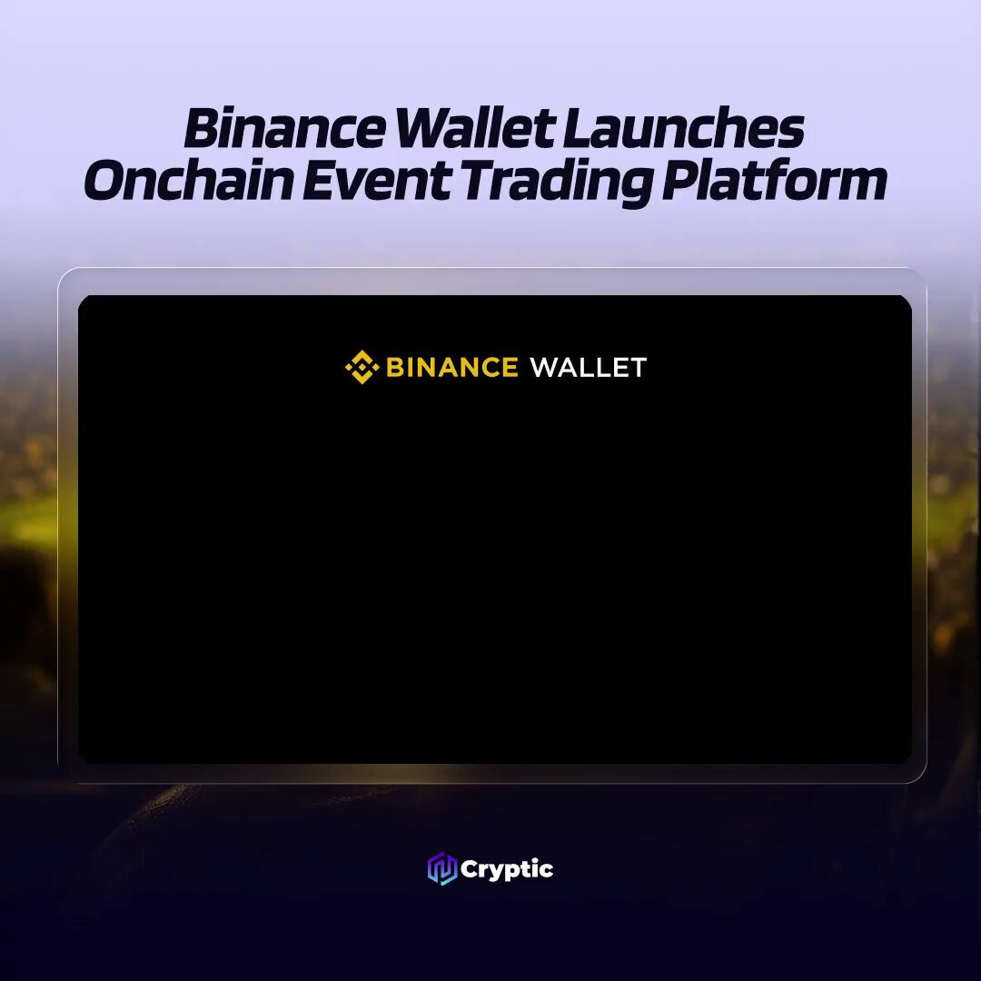 The image shows a black square with white text that reads "Binance Wallet Launches Onchain Event Trading Platform". The background of the image has a gradient effect transitioning from yellow at the top to purple at the bottom, creating an interesting visual effect. There is no visible content or action in the image, and it does not provide any information about the cryptocurrency market or trading platforms.