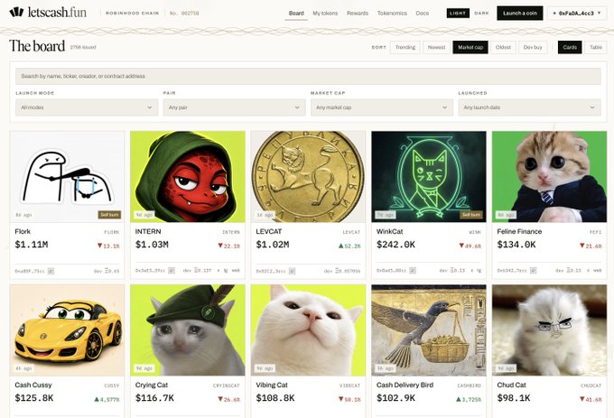 The image shows a Letscash.fun "The board" page featuring 10 memecoins including Ferk ($1.11M), INTERN ($1.03M), LEVCAT ($1.02M), WinkCat ($242.0K), Feline Finance ($134.0K), Cash Cussy ($125.8K), Crying Cat ($116.7K), Vibing Cat ($108.8K), Cash Delivery Bird ($102.9K), and Chud Cat ($98.1K). The post celebrates $CASHBIRD (Cash Delivery Bird) at $102.9K market cap, with the author jokingly urging INTERN to invest in the bird coin.