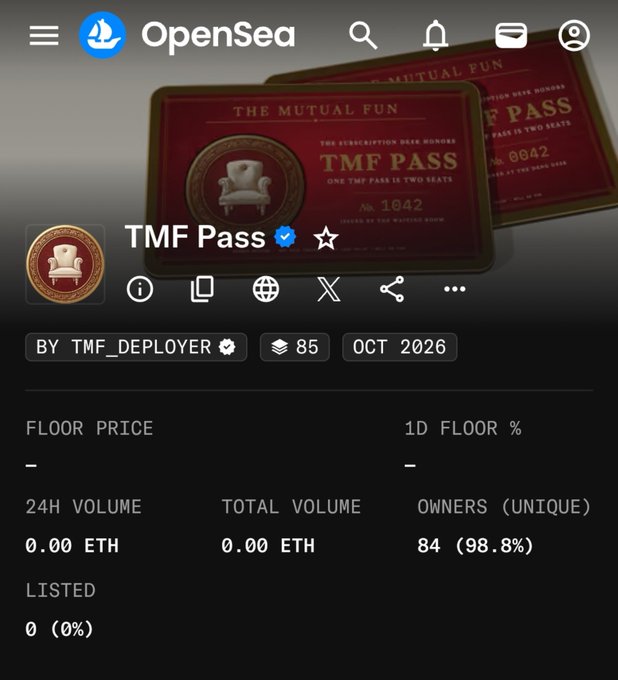 An OpenSea NFT collection page for 'TMF Pass' (The Mutual Fun), showing 85 items on Solana, with 84 unique owners (98.8%) and 0 ETH volume.