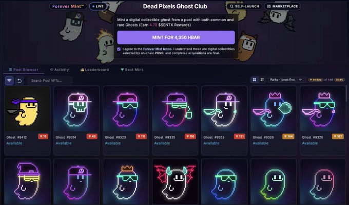 A screenshot of the Forever Mint platform showing the "Dead Pixels Ghost Club" marketplace with various neon-outlined ghost NFT collectibles priced in HBAR. The interface includes a "MINT FOR 4,350 HBAR" button and pool browser options.