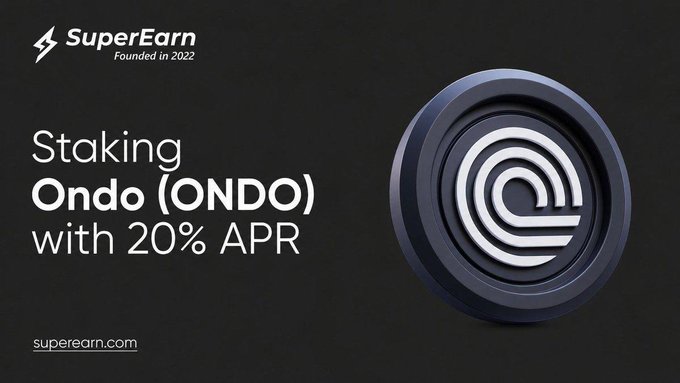 The image features an advertisement for a cryptocurrency project called "Staking Ondo (ONDO) with 20% APR in a SuperEarn pool. Earn daily rewards Withdraw anytime Increase your $ONDO holdings every day. Start now superearn.org". The main visual element of the advertisement is a logo, which is in black and white, prominently placed on a dark background that mimics the color scheme of Bitcoin logos from its early days. Below the logo, there's text that explains what the project offers: it allows users to stake tokens called "ONDO" with an APR of 20% per year, and they can also earn daily rewards for their holdings or convert them into cryptocurrency whenever they choose.