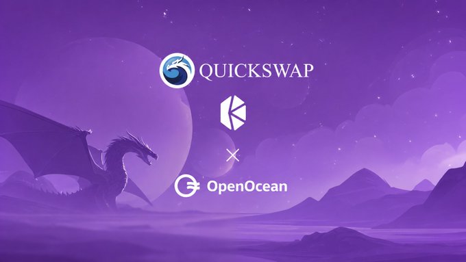 A purple promotional graphic featuring a dragon silhouette and three crypto brand logos: QUICKSWAP, Kyber Network, and OpenOcean, indicating a partnership or collaboration between the decentralized exchanges.