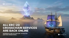 TrendForce banner announcing 'ALL ERC-20 CROSSCHAIN SERVICES ARE BACK ONLINE' after a hack event, featuring an Ethereum logo and a pirate ship.