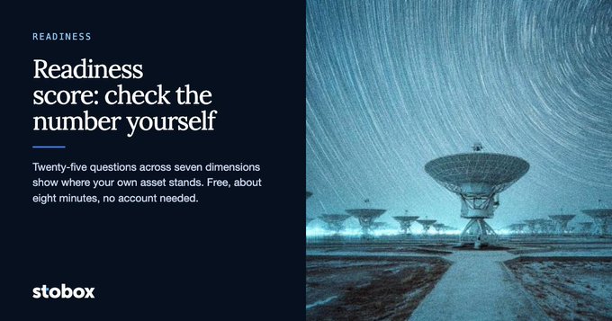 An advertisement graphic titled 'Readiness score: check the number yourself' from Stobox features an image of radio telescope dishes under a starry night sky.
