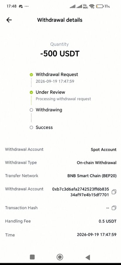 A screenshot of a Binance withdrawal details page showing a -500 USDT transaction with status "Under Review" via BNB Smart Chain (BEP20). The image appears to serve as "proof" to support a giveaway post claiming to have sent $500 USDT to someone, asking users to comment their Binance UID or wallet address for a chance to receive the same.