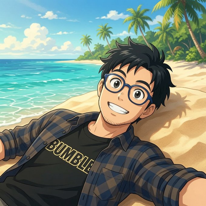The image features a man wearing glasses and a plaid shirt laying on a beach next to palm trees. The man has a big smile on his face as he looks directly at the camera, seemingly enjoying his time at the beach. There are no texts or other objects in the image that provide information about the post's content.