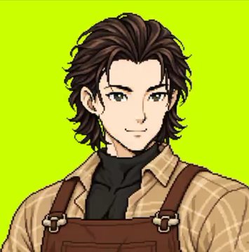 An anime-style character portrait of a young man with brown hair, wearing a plaid shirt, black scarf, and brown overalls against a bright green background.