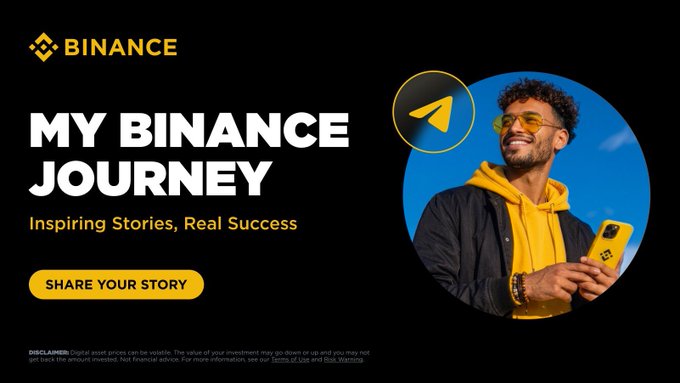 A promotional banner for Binance’s “My Binance Journey” campaign features the Binance logo, the headlines “MY BINANCE JOURNEY” and “Inspiring Stories, Real Success,” and a yellow “SHARE YOUR STORY” button. On the right, a smiling man in yellow-tinted glasses holds a yellow phone, with the Binance app icon above him; fine print at the bottom includes a digital asset risk disclaimer and a “Terms of Use and Risk Warnings” link, matching the post’s invitation to share personal stories for a chance to win 50 USDC or exclusive gifts.