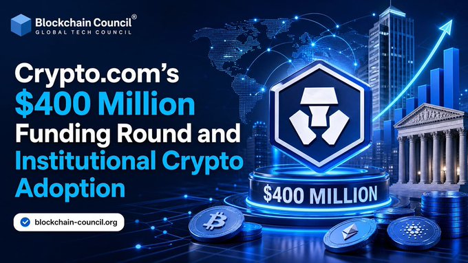 A promotional banner from Blockchain Council announces 'Crypto.com's $400 Million Funding Round and Institutional Crypto Adoption,' featuring Crypto.com's logo on a pedestal with cryptocurrency coins and a glowing city/financial backdrop.