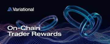 A digital graphic with the 'Variational' logo at the top and the text 'On-Chain Trader Rewards' displayed over a dark blue background with abstract teal wave-like patterns.