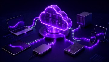 A glowing purple cloud icon connects laptops, smartphones, servers, and external drives through luminous data pathways, symbolizing decentralized cloud computing and mining infrastructure. This visual reinforces the post's theme of FQL Exchange's "Compute Gateway," illustrating how the platform links various devices to a unified cloud-based mining and computing network.