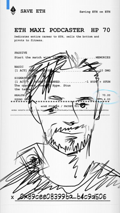 A sketch of a bearded man with an Ethereum trading card overlay titled 'ETH MAXI PODCASTER HP 70' featuring stats for MEMORIES, DMG, HYPE, STUN, and a signature 'X 0x89cee08399ba...b4c9d506' at the bottom.