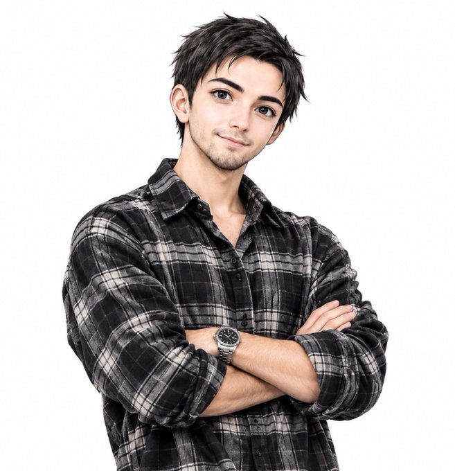 A young man with dark hair and light stubble stands with arms crossed, wearing a black and white plaid flannel shirt and a silver wristwatch.