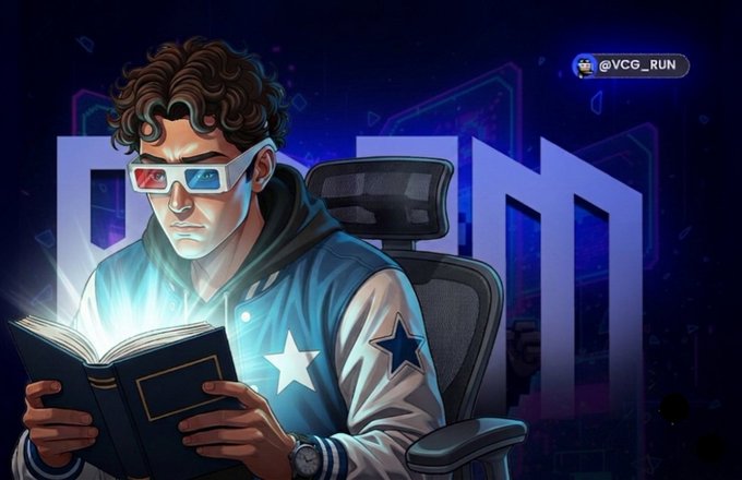Digital illustration of a young man with curly hair wearing 3D glasses and a star-patterned jacket, reading a glowing book with a focused expression, with the text '@VCG_RUN' in the corner.