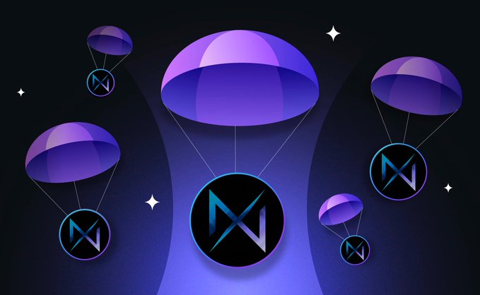 An illustration of multiple purple parachutes descending against a starry background, each carrying a coin with a stylized 'N' logo.