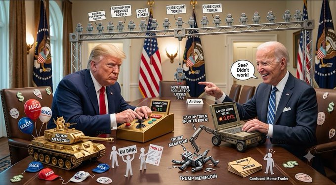 A satirical political cartoon showing Donald Trump and Joe Biden playing video games and trading meme stocks (TRUMP, MAGA, Airdrop) at a desk, with a 'Confused Meme Trader' watching and speech bubbles saying 'See? Didn't work!'