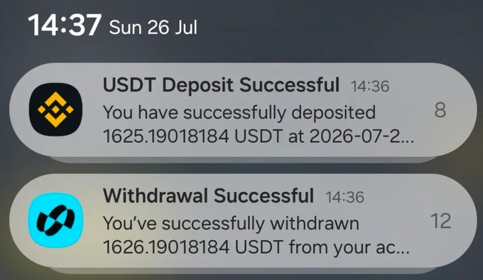 A smartphone screenshot showing notifications at 14:37 on Sun 26 Jul, including a 'USDT Deposit Successful' for 1625.19018184 USDT and a 'Withdrawal Successful' for 1626.19018184 USDT.