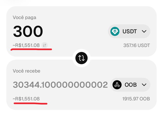 A cryptocurrency exchange interface showing a swap from 300 USDT (≈R$1,551.08) to 30344.100000000002 OOB tokens (1915.97 OOB), valued at ≈R$1,551.08.