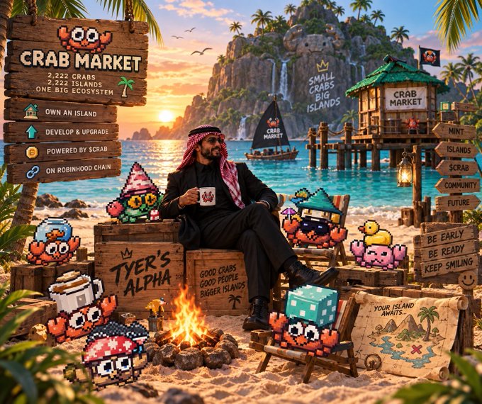 A promotional graphic for 'CRAB MARKET' features a man in traditional Arab attire sitting by a campfire on a tropical beach, surrounded by pixel-art crab characters; visible text includes 'OWN AN ISLAND', 'DEVELOP & UPGRADE', and 'POWERED BY $CRAB'.