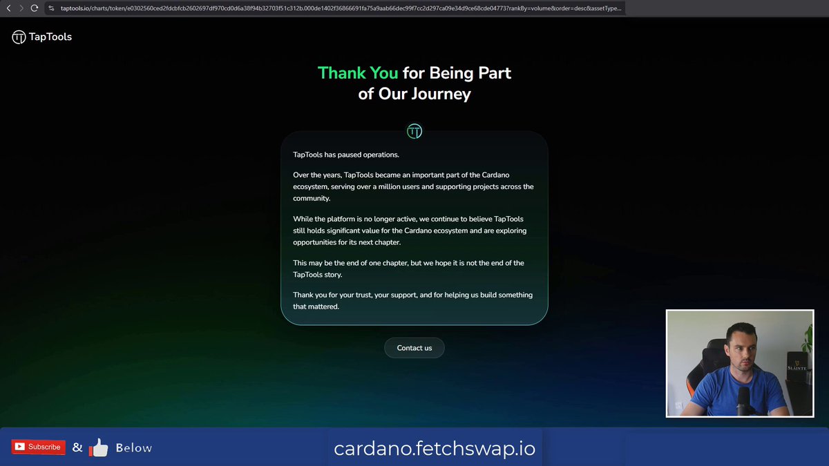 The image shows a man sitting at his computer, with a screen displaying a webpage that says "Thank You For Being Part Of Our Journey" and has a green background. The text also mentions that CardanoFetcheswap.io was created by Cardano Fetchswap.io to help users build their own blockchain applications.