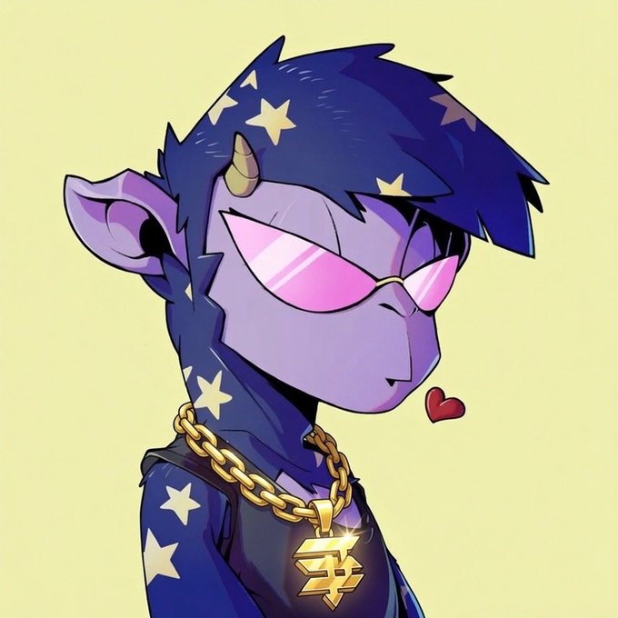 Digital illustration of an anthropomorphic character with purple skin, dark blue star-patterned hair, a small horn, pink sunglasses, and a gold chain with a stylized pendant.