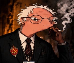 A cartoon-style image of an older man with white hair and round glasses, wearing a dark suit with a red hammer-and-sickle pin, smoking a cigarette.