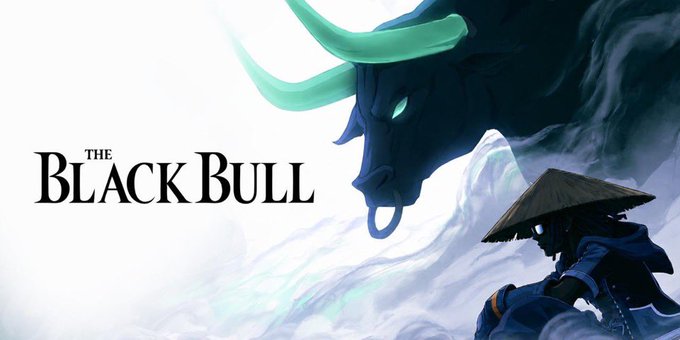 Promotional artwork titled 'THE BLACK BULL' featuring a stylized dark bull with glowing teal horns alongside a samurai-like figure wearing a conical hat.