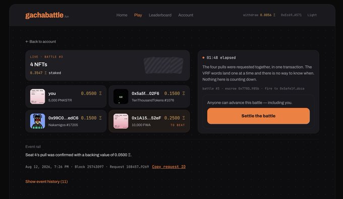 A screenshot of the gachabattle website showing a live battle between participants with various crypto stakes and an active 'Settle the battle' button.