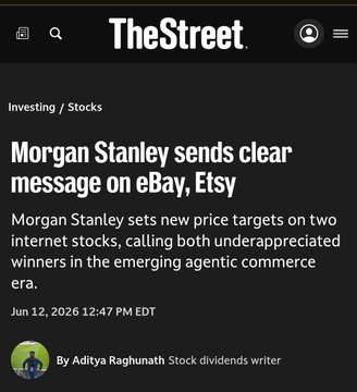 The image shows a black and white screen with an article from The Street about Morgan Stanley, who has sent a clear message regarding eBay. The main focus of the article is on Ebay's position within e-commerce for the next big shift in agentic commerce due to Amazon's acquisition of eBay (EBAY).