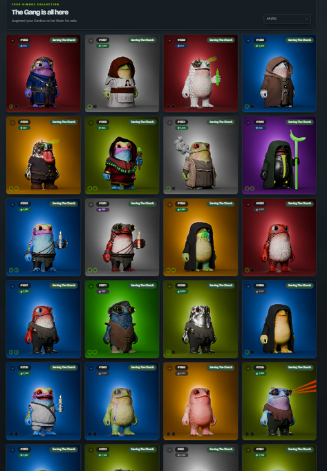 A screenshot of a NFT marketplace titled 'YOUR GIMME COLLECTION - The Gang is all Here', displaying a grid of 3D-rendered penguin-like characters in various hooded outfits, with 'Selling The Gunch' labels.