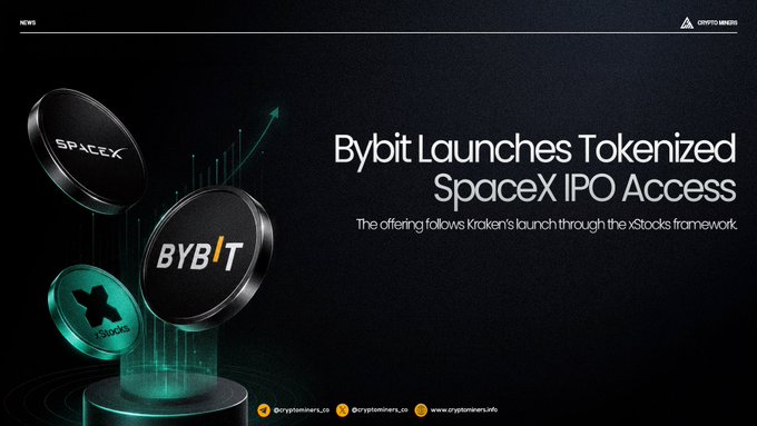 The image features a poster or banner that promotes an upcoming tokenized SpaceX IPO access for VIP and Pro users, which has been launched by Bybit. The poster includes three coins, each with different colors - black, green, and silver. These coins are placed on a pedestal in the center of the image, drawing attention to the launch of this new offering. The text on the poster highlights that the tokenized access is available for those who have already invested in the SpaceX IPO through xStocks, which is an exchange designed specifically for pre-listing exposure and VIP/Pro users.