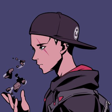 A stylized digital illustration of a young person wearing a backwards black cap and hoodie, looking down at floating dark shards in their hand.