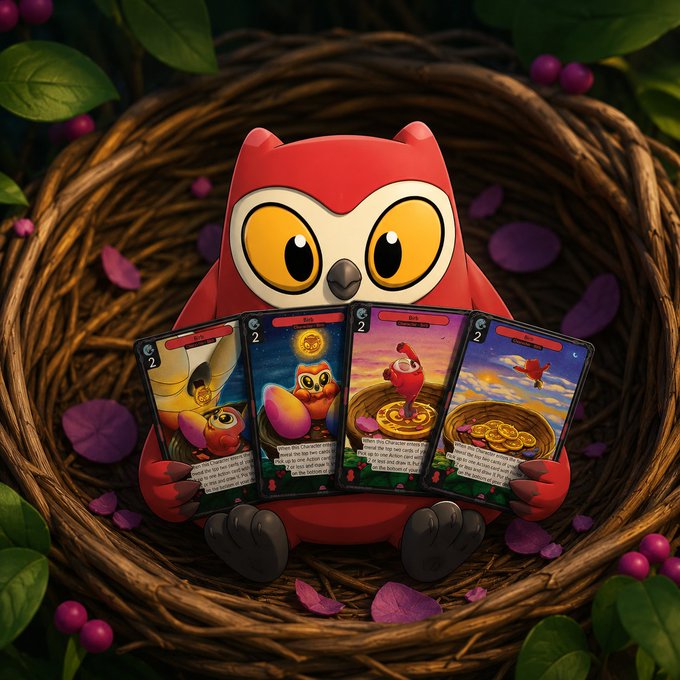 A cartoon red owl with large yellow eyes sits in a twig nest surrounded by purple flower petals and berries, holding up four trading cards from the Vibes TCG featuring owl-themed artwork. The cards, shown as the "nesting promos" mentioned in the post, display cost numbers like "2" and various character illustrations, representing the exclusive RWA (Real World Asset) rewards distributed to nested Moonbirds holders redeemable on Collector Crypt.